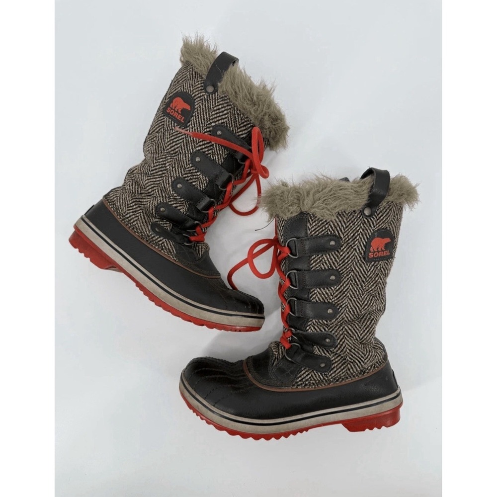 Sorel Tofino Brown Orange Fur Lined Snow Boots size 9 Cute Barely Worn Shoes - Picture 2 of 16